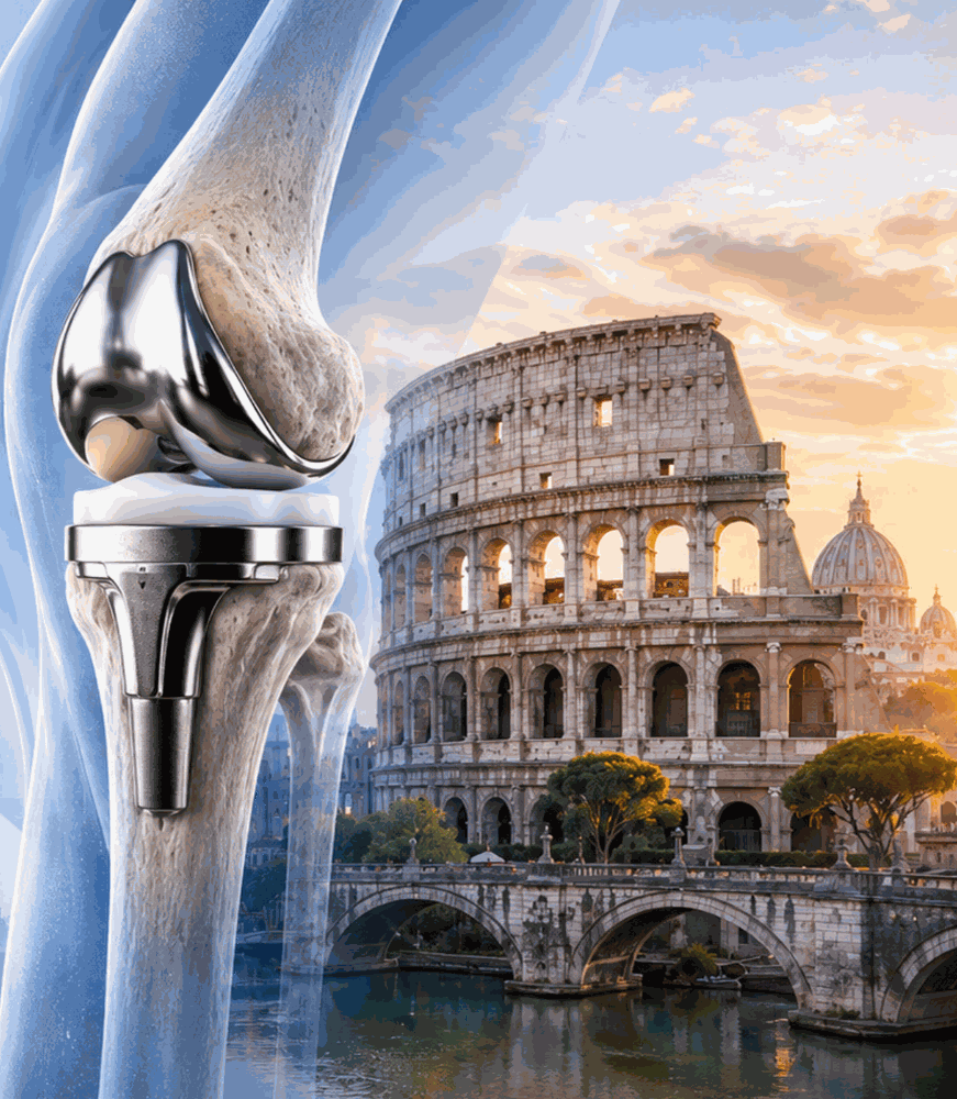 Revision knee arthroplasty, with the Colosseum and St Peter's basilica, Rome